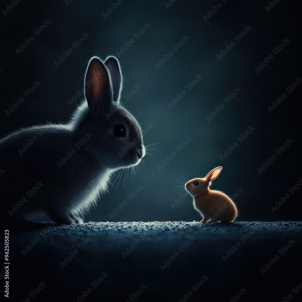 Poster a serene moment featuring a large rabbit and a small rabbit illuminated in soft light, creating an e