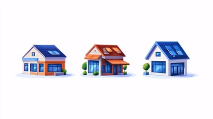 Fototapeta premium Three diverse modern houses with solar panels and lush greenery showcasing eco-friendly design.