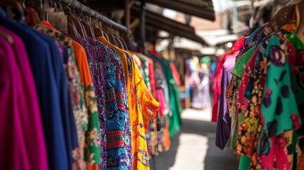Obraz premium Colorful Fabric Hanging in Market Stall