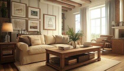 Fototapeta premium Living Room with Beige Sofa and Coffee Table