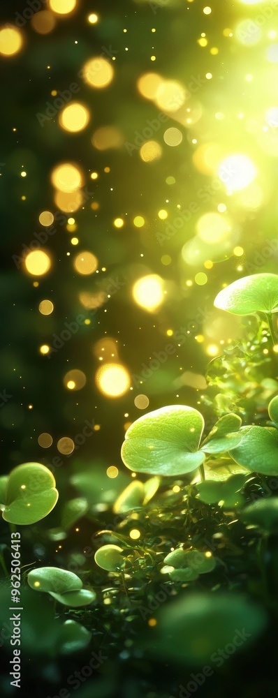 Poster a vibrant close-up of lush green leaves illuminated by soft glowing bokeh lights, creating a serene 