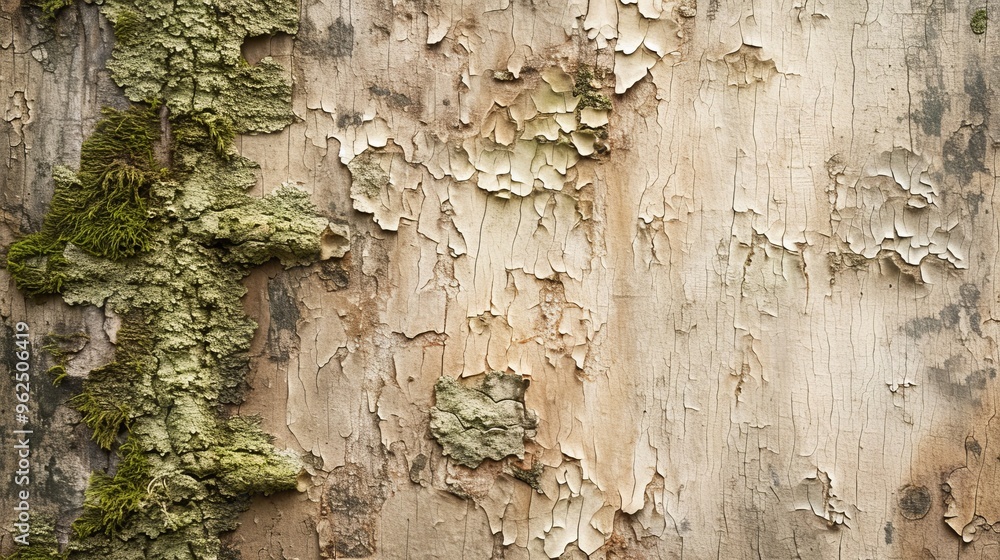 Poster close-up of a tree's weathered bark showcasing a textured surface with peeling layers and patches of