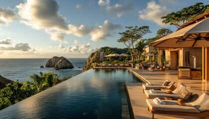 Fototapeta premium Cliffside Infinity Pool with Ocean View and Lounge Chairs