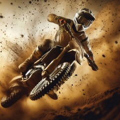 Dynamic motocross rider carving through sand in a powerful display of speed and control