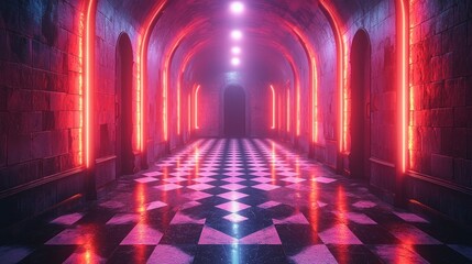 A dimly lit nightclub featuring black and white checkered floor neon lights and a bar situated in the background.