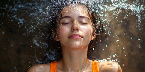 Obraz premium Beautiful woman in a tank top, getting water flowing, generative AI