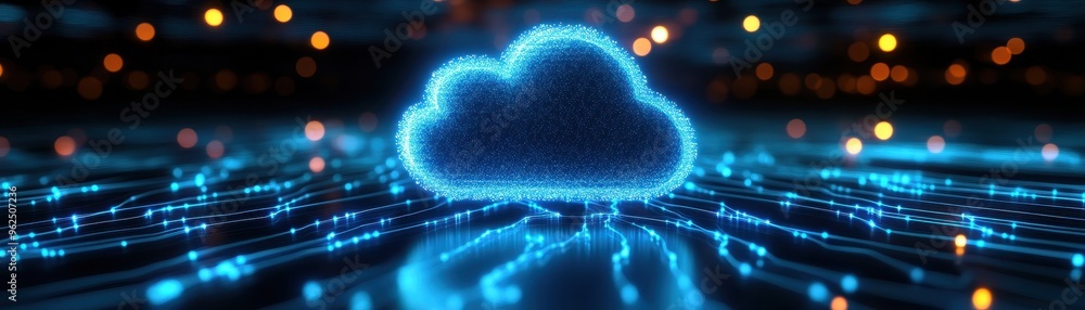 Poster futuristic cloud technology visual with glowing lines, representing data transfer and digital connec
