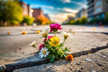 Vibrant flowers growing through concrete on city street at sunset
