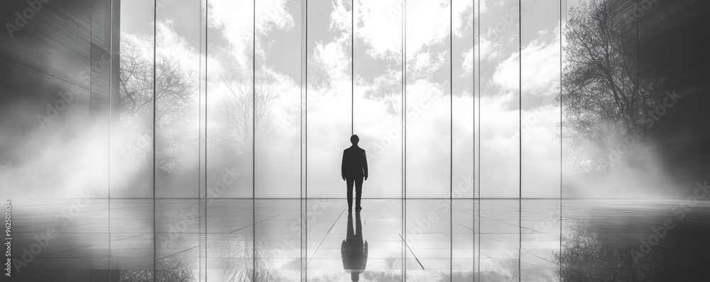 Aufkleber silhouette of a man standing in front of a large window with a view of a cloudy sky.