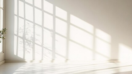 Obraz premium Minimalist white room with a window and sunlight casting shadows on the wall.