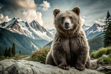 Grizzly Bear Sitting on Rock in Front of Snowy Mountains