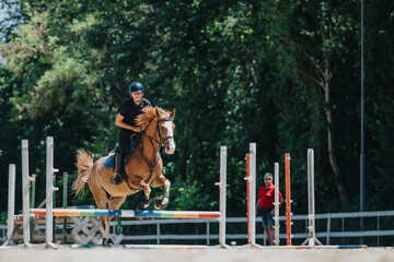 Horse rider performing a jump over a colorful hurdle during an equestrian competition outdoors with...