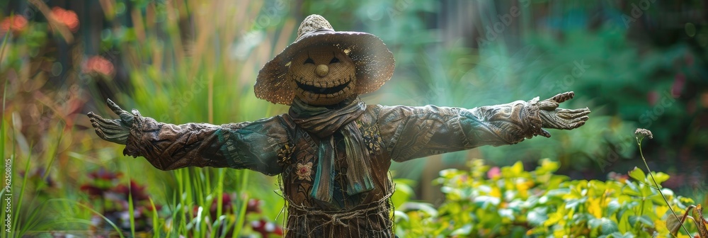 Wall mural Scarecrow surrounded by garden greenery