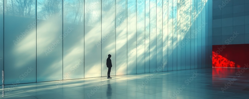Poster A lone figure stands in a modern building with large windows, sunlight streaming through and casting shadows on the floor.