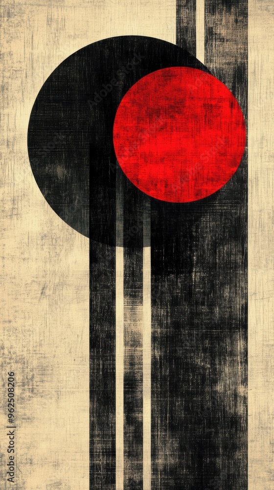 Poster a striking composition of black and red geometric shapes combines textured lines and circular forms 