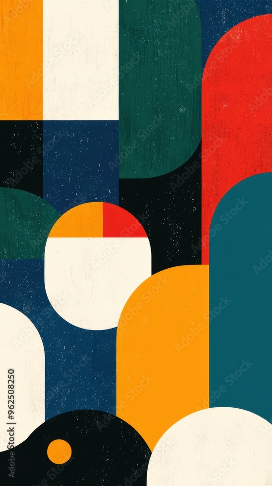 Poster intricate arrangement of colorful geometric shapes with rounded edges creating a visually stimulatin