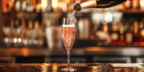 Mixologist serving rosÃƒÂ© sparkling wine into a glass at a bar