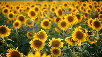 Many Blooming Field of Sunflowers in Summer