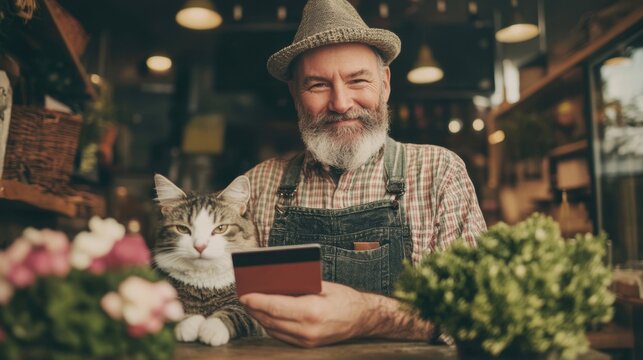 An artisan shop owner smiles while accepting a credit card payment with his cat beside him in a welcoming shop environment