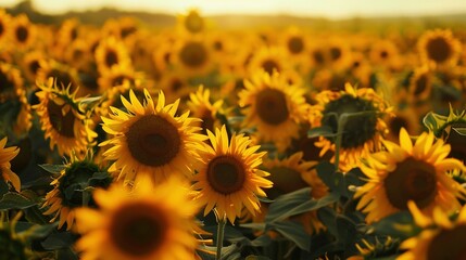 Fototapeta premium Summer Scene: A Field of Many Blooming Sunflowers