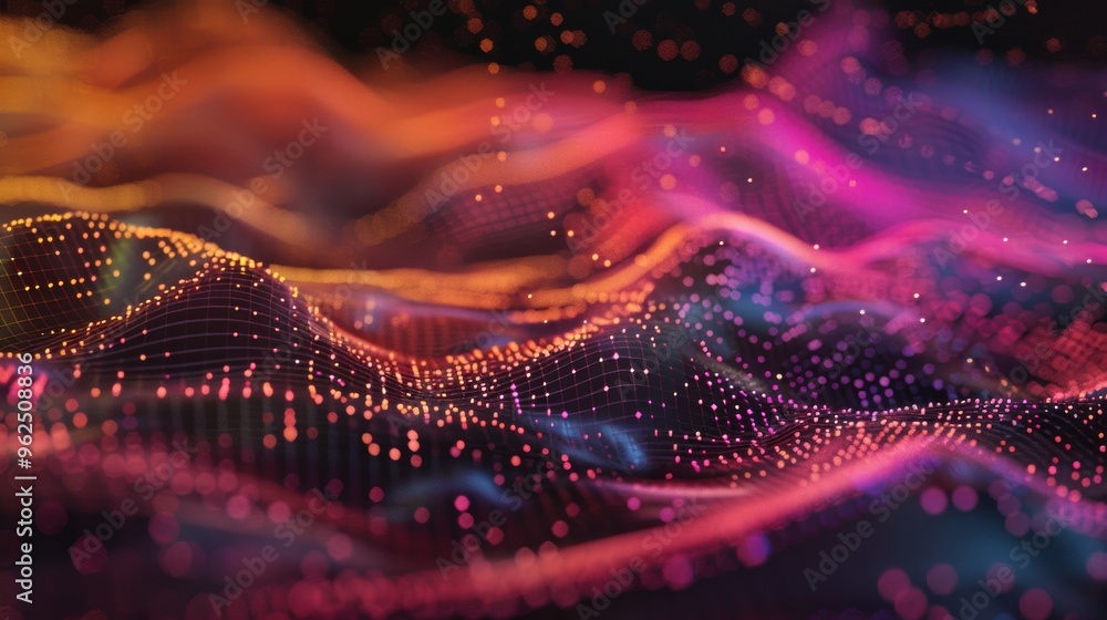 Poster vibrant waves of glowing dots in a fluid pattern create a mesmerizing display of color and movement,