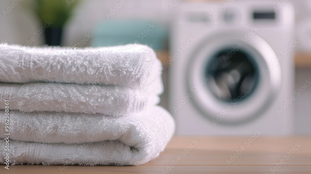 Aufkleber a stack of soft, white towels rests on a table next to a washing machine in a tidy laundry room, cre
