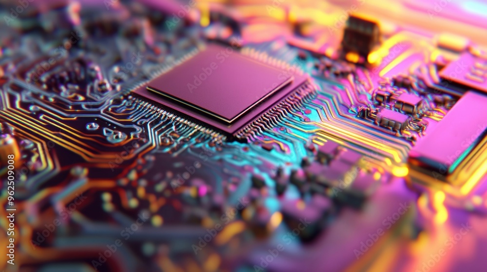 Poster this abstract design showcases a neon circuit board with detailed patterns and glowing colors, empha