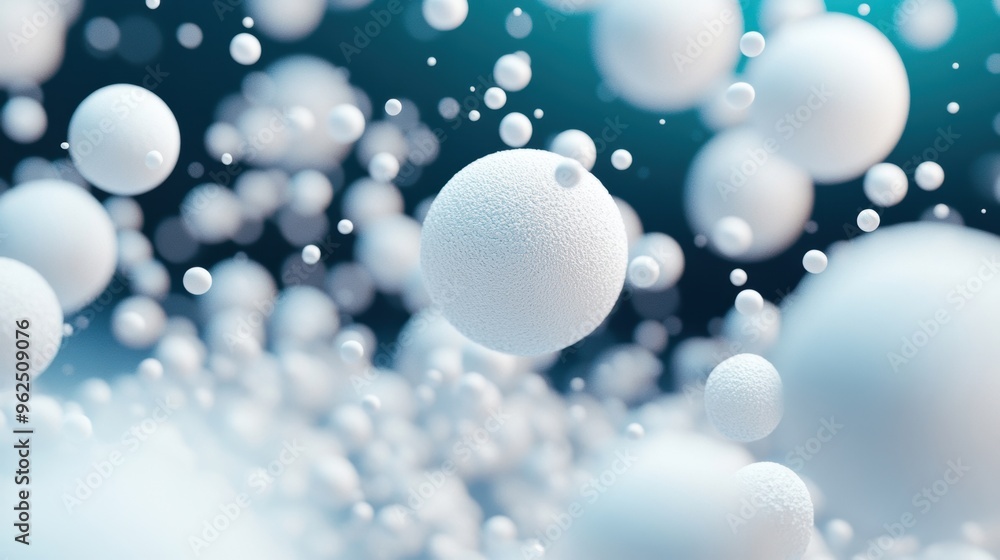 Poster abstract white spheres appear to gently float against a soft light backdrop, evoking a sense of calm