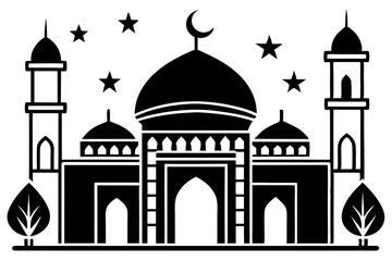 Ramadan Coloring Page Black and White Line Art of Mosque Silhouette with Crescent Moon and Star