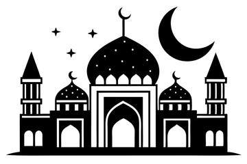 Ramadan Coloring Page Black and White Line Art of Mosque Silhouette with Crescent Moon and Star