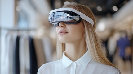 Immersive virtual reality shopping store customers can virtually try on products before buying. AI generated