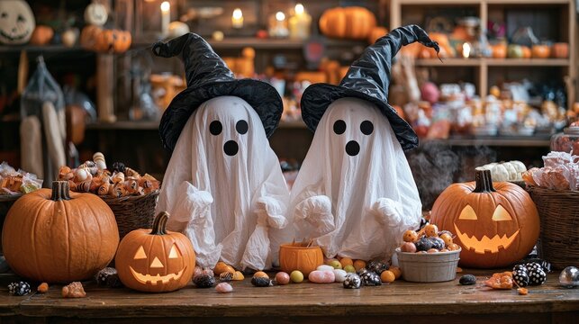Charming ghost costumes and a variety of Halloween candy alongside whimsical witch outfits, creating a dynamic and festive Halloween environment