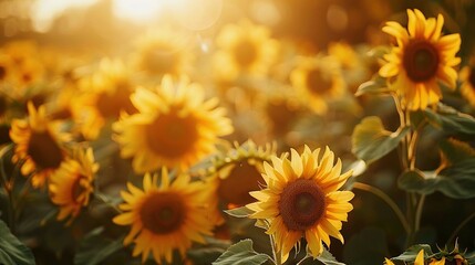 Fototapeta premium Summer Landscape Featuring a Field of Many Blooming Sunflowers
