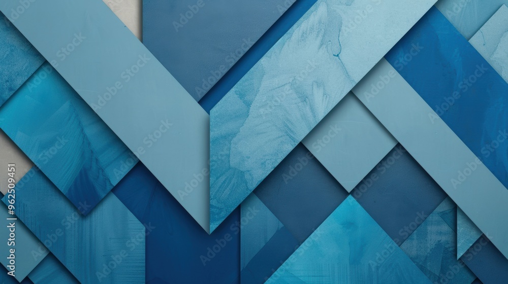 Poster layers of geometric shapes in diverse blue hues create a dynamic composition that captures light and