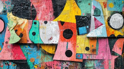 Colorful graffiti wall with abstract shapes, layered textures, and expressive strokes, capturing the essence of pop art in an artistic background