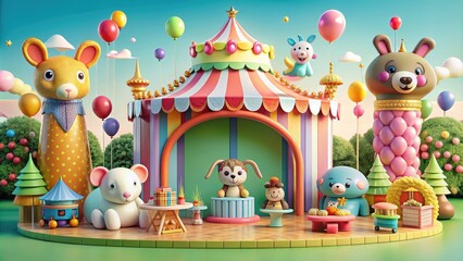 Fototapeta premium Whimsical Popmart-themed playground with adorable animals and oversized props, whimsical, Popmart