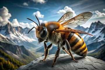 Close-up of a Bee on a Rock with a Mountain Range in the Background