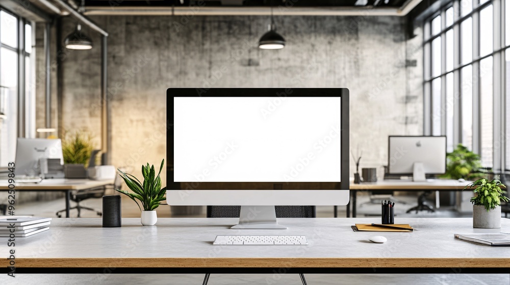 Aufkleber modern office workspace with blank desktop computer screen on desk.