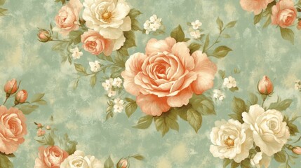 A seamless pattern of vintage-style pink and white roses with green leaves and buds on a light blue background.