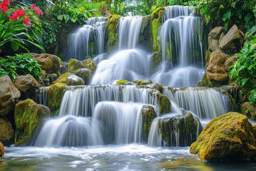 Fototapeta premium A serene waterfall cascades over rocks, surrounded by lush greenery and vibrant flowers, creating a tranquil natural scene.