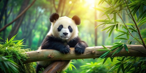 Obraz premium Adorable panda resting on a tree branch in a lush bamboo forest , cute, wildlife, black and white, endangered, soft