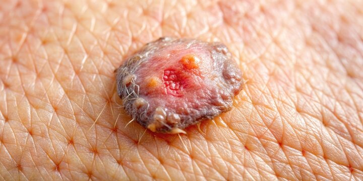 Close up of a squamous cell carcinoma on human skin, skin cancer, squamous cells, medical, cancerous growth, dermatology