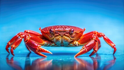 Vibrant red crab contrasting against a bright blue background, red, crab, crustacean, marine life, underwater, animal, vivid