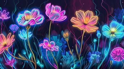 Obraz premium A stunning display of neon flowers illuminated in vibrant colors against a dark background. The glowing petals and dynamic lines create an ethereal and otherworldly scene, perfect for digital art and