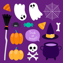 Collection of magical Halloween illustrations. Cute cartoon elements for Halloween design.  Witch hat, broom, cauldron, pumpkins, skull, candies, ghost, spider, web, bone, corn.