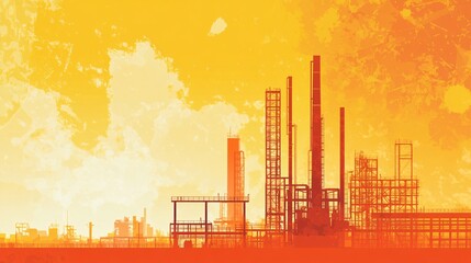 Fototapeta premium Industrial skyline at sunset, showcasing silhouettes of smokestacks and structures in vibrant orange hues.