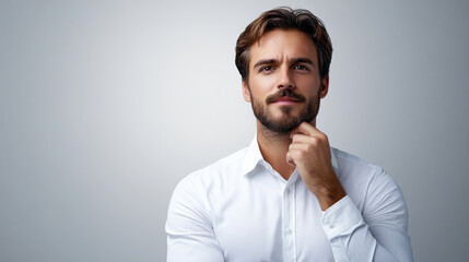 Obraz premium A man with short hair and a beard, wearing a white shirt, looking confident with a thoughtful expression, set against a plain background.