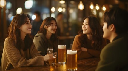  Korean people sitting at a long pub table