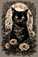 Black cat illustration. Vintage cat, spooky illustration.