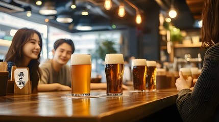  Korean people sitting at a long pub table